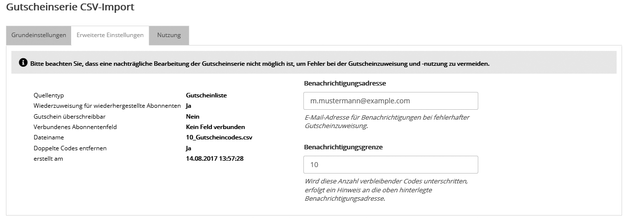 Gutscheinserie CSV-Import