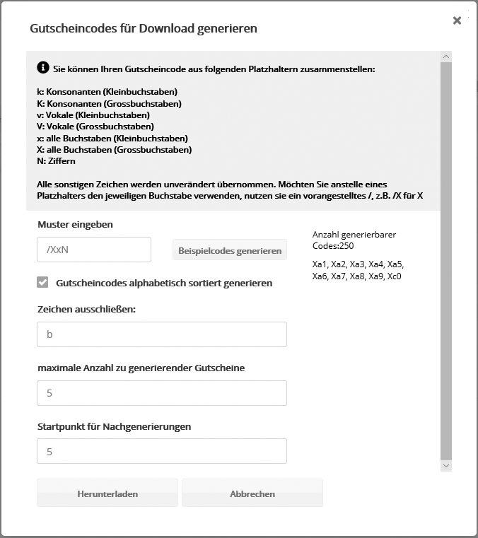 Gutscheincodes für Download generieren